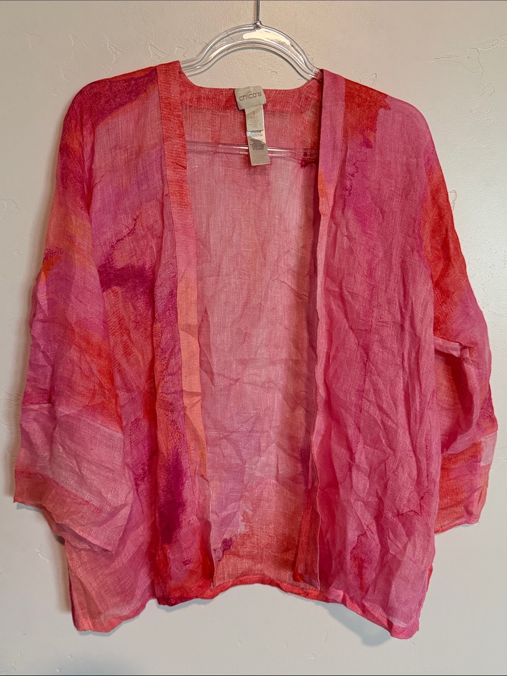 Chico's Linen Pink and Red Sheer Open-Front Kimono